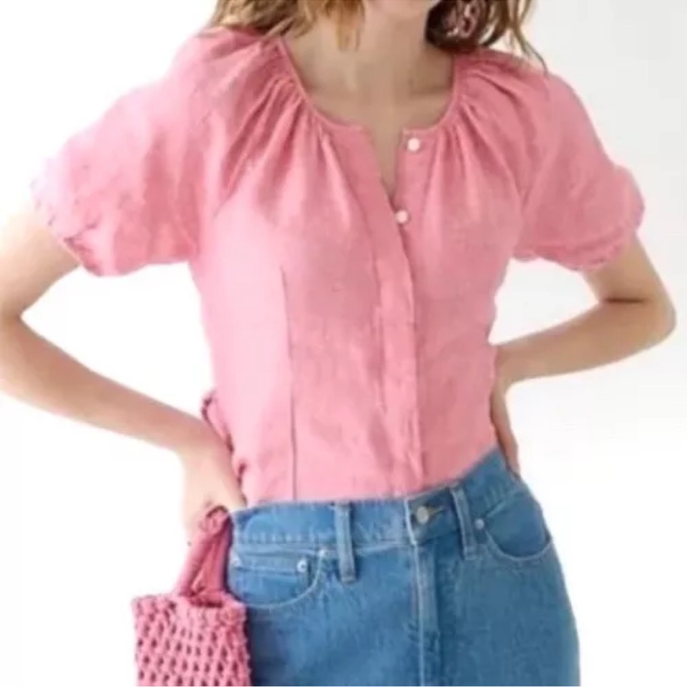 J CREW | Linen Puff Sleeve | Scoop Front | Open Tie V Back Top Blouse | Size 4